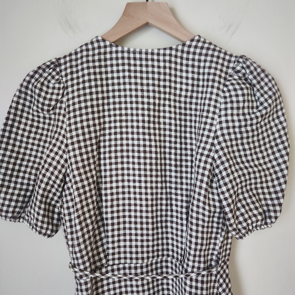 & Other Stories | Puff Sleeve 100% Linen Gingham Wrap Mini Dress - Size 2 - Picture 8 of 12